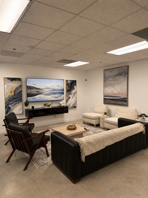 Lounge and common area with media wall, sofas and lounge chairs